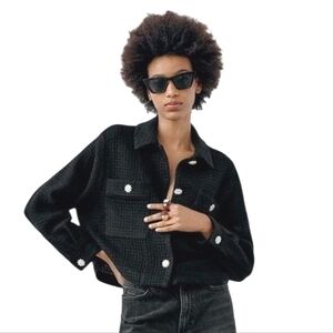 Zara Tweed Black & Rhinestone Button Cropped Jacket Boxy Fit Classy Chic XS